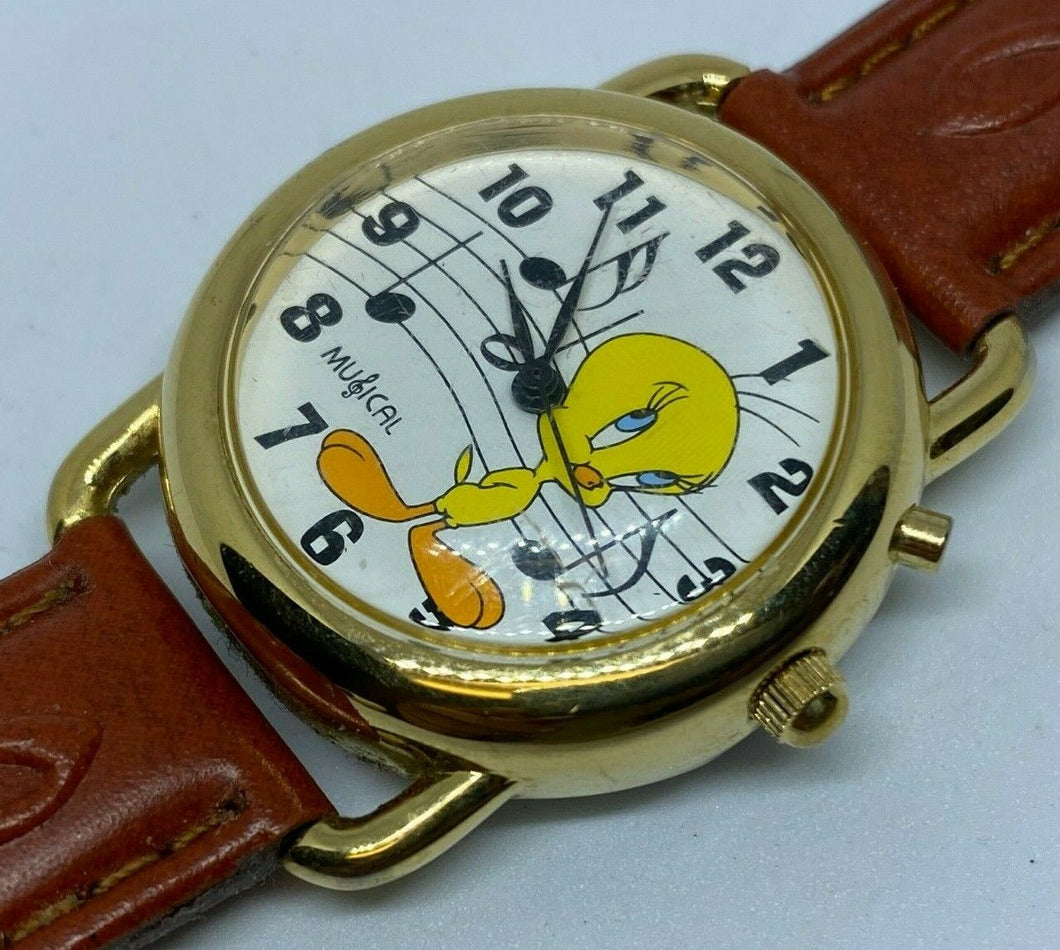VTG Gluck Tweety Bird Lady Gold Tone Analog Quartz Musical Watch Hour~New Batter