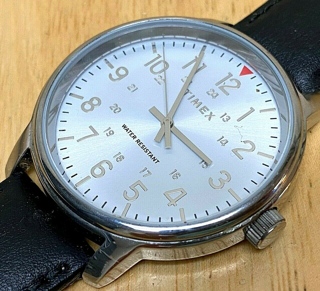Timex Men 43mm Military Dial Silver Leather Analog Quartz Watch Hour~New Battery