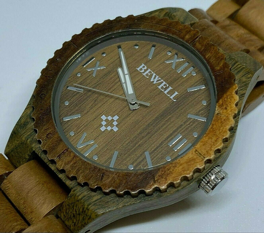 Unused Bewell Mens All Brown Solid Wood Analog Quartz Watch Hours~New Battery