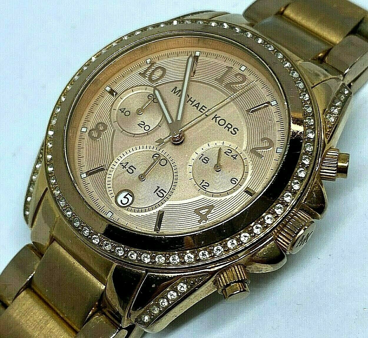 Michael Kors MK-5263 Lady Rose Gold Analog Quartz Chrono Watch Hours~N ...