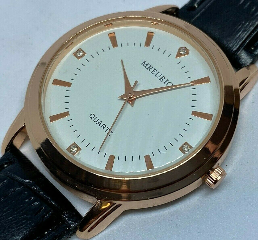 Unused MREURIO Men Rose Gold Tone Leather Band Analog Quartz Watch Hour~New Batt