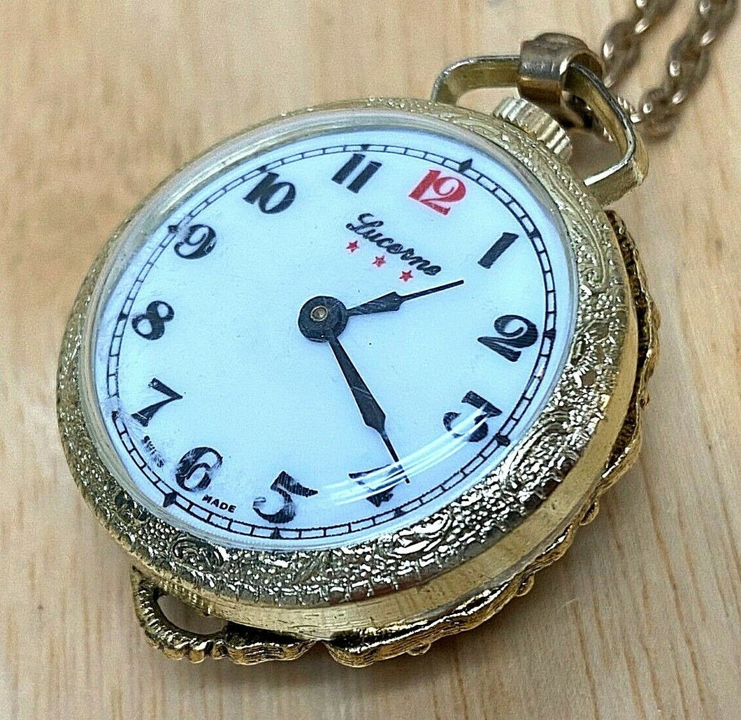 Vintage Lucerne Lady Goddess Angel Carving Hand-Wind Necklace Pendant Watch Hour