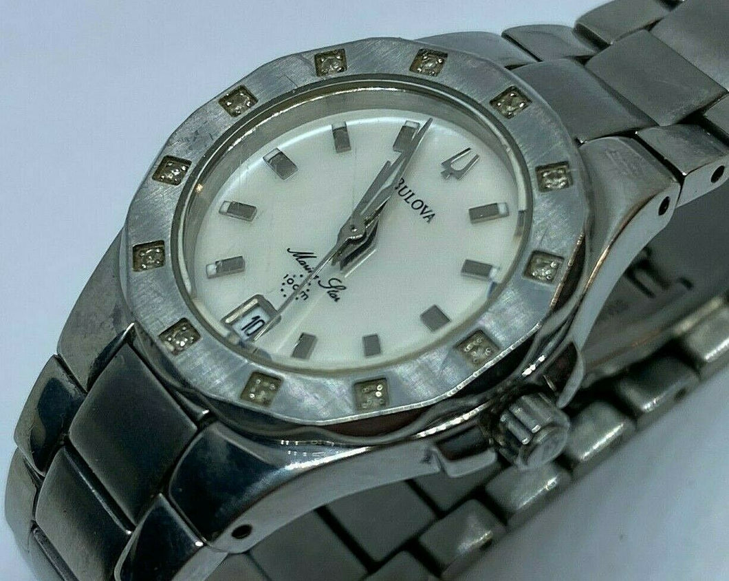Bulova Marine Star Lady 30m 12 Real Diamonds Quartz Watch Hours~Date~New Battery