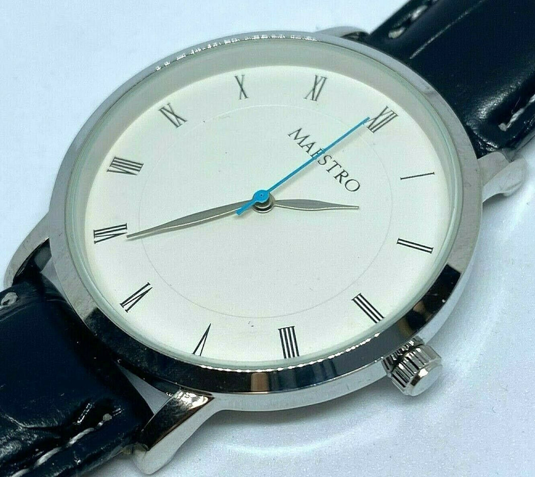 Unused MAESTRO Men Silver White Roman Leather Analog Quartz Watch Hours~New Batt