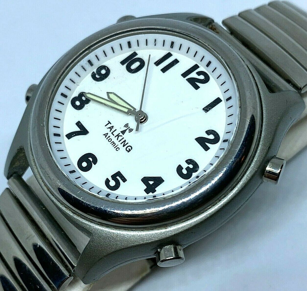 OEM Men Silver White Atomic Radio Controlled Talking Analog Watch Hours~New Batt