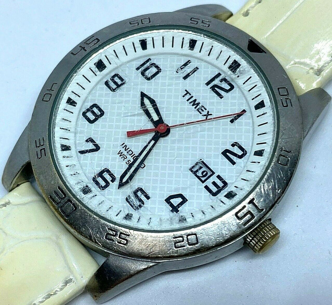 Timex Indiglo Mens 50m Silver White Analog Quartz Watch Hours~Date~New Battery