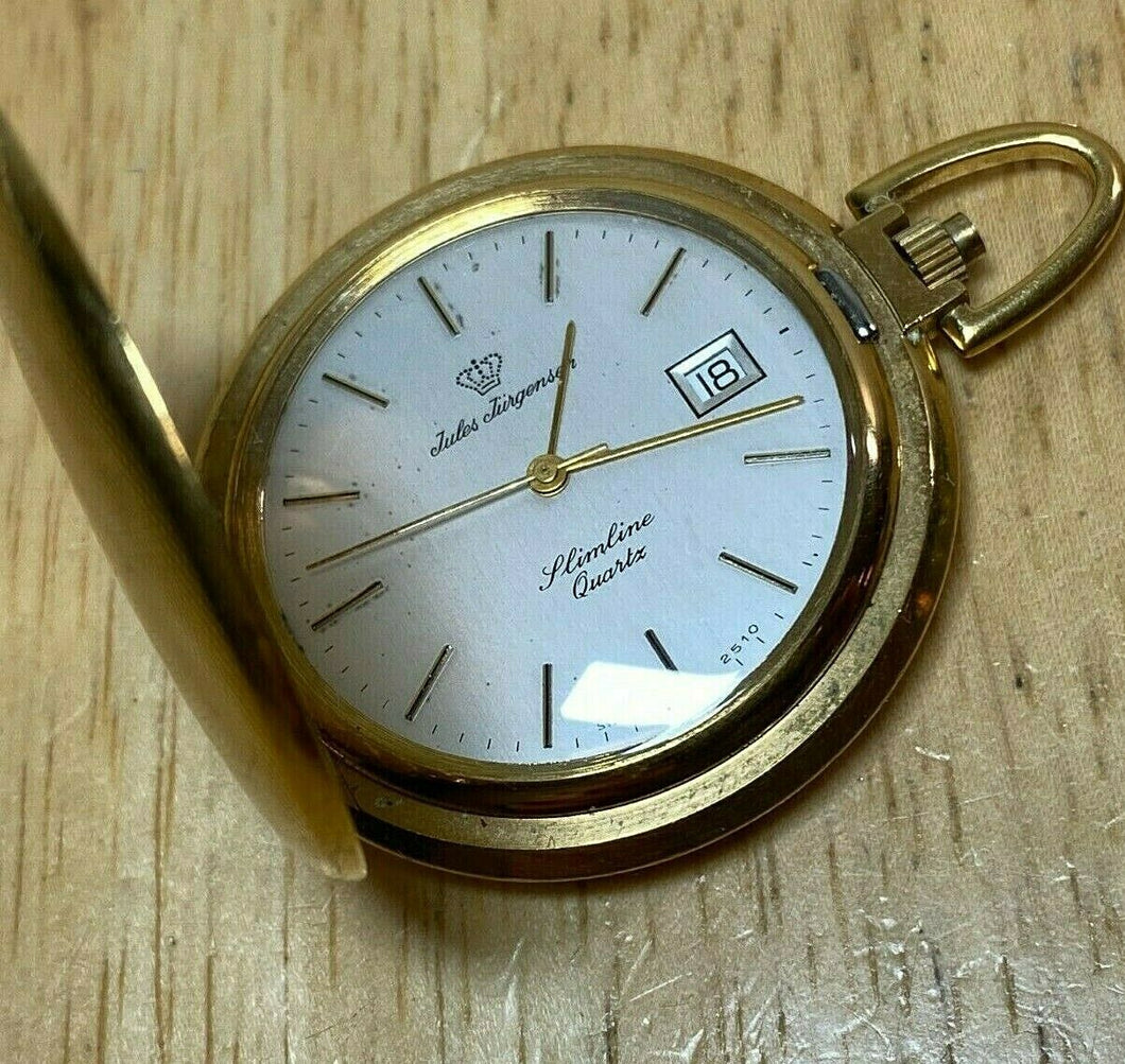 Vintage Jules Jurgensen Slimline Swiss Analog Quartz Pocket Watch Hours~New Batt