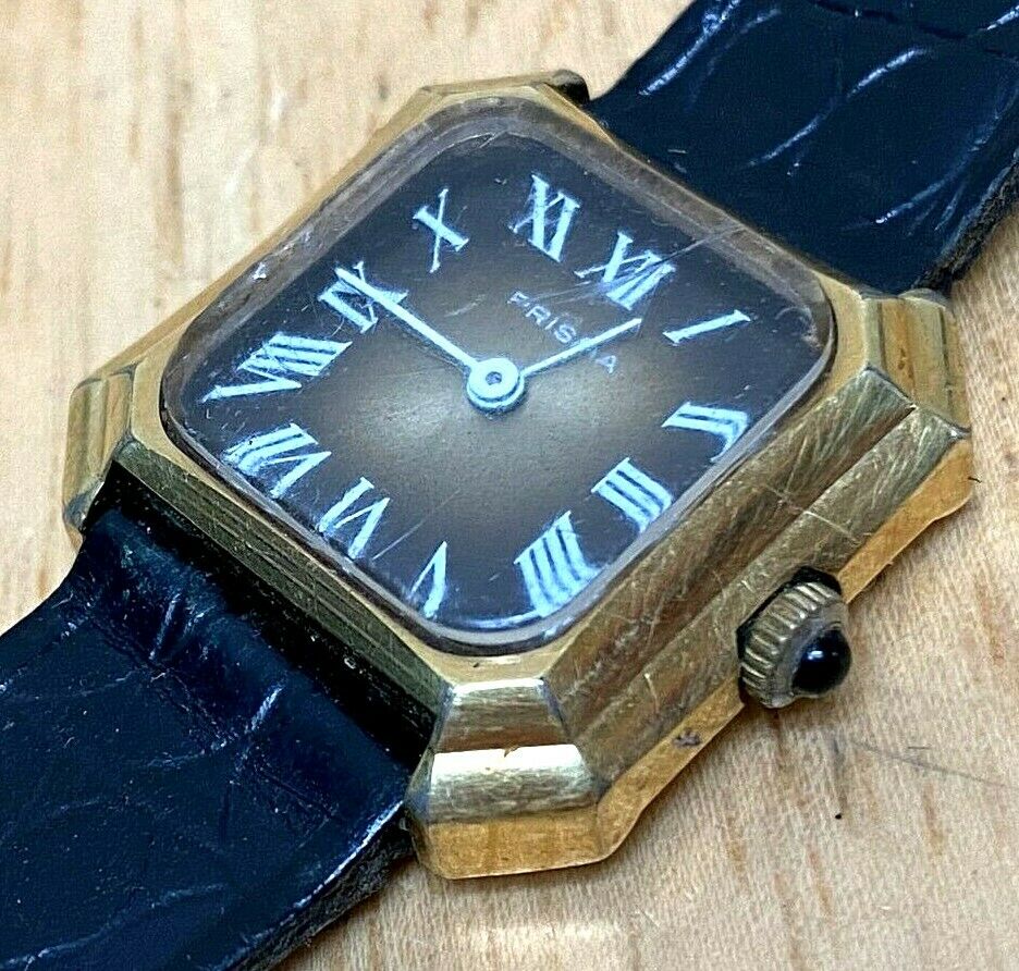 Vintage Prisma Men Lady Gold Tone Square Roman Hand Wind Mechanical Watch Hours