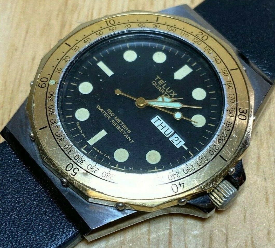 Vintage Telux Men 150m French Movt Moving Bezel Analog Quartz Watch Hour~New Bat