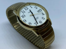 Load image into Gallery viewer, Timex Indiglo Mens 30m Gold-White Stretch Analog Quartz Watch Hours~New Battery

