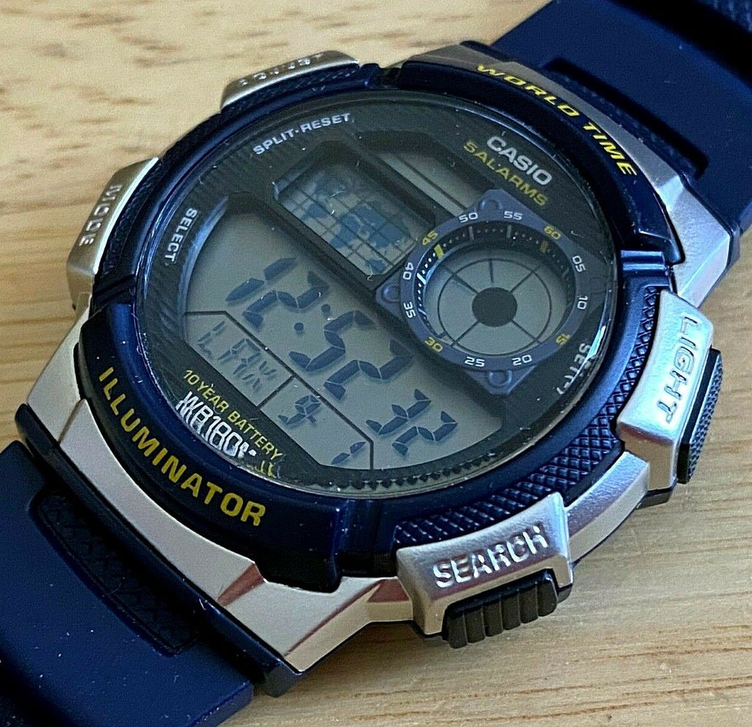 Casio AE-1000W Men Silver Blue Digital Alarm Chrono Quartz Watch Hour~New Batter