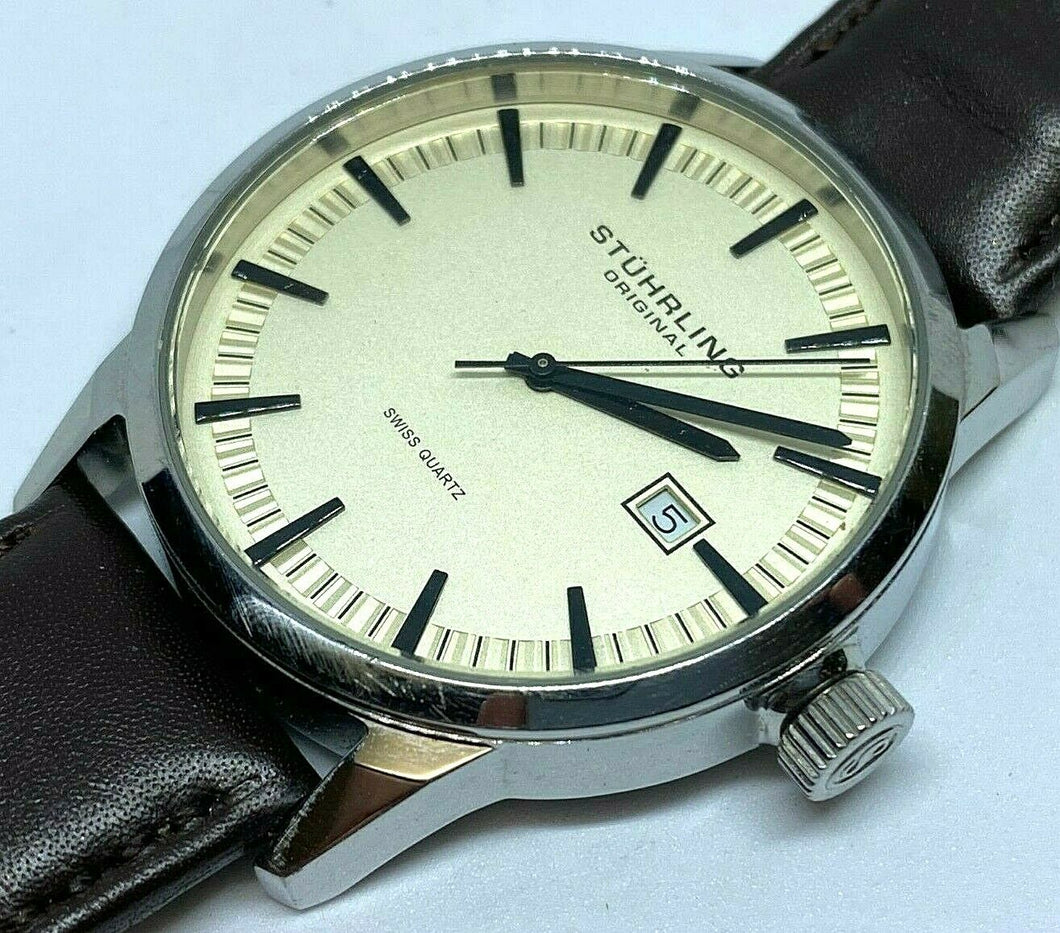 Stuhrling Swiss Men 50m Silver Steel Leather Analog Quartz Watch Hour~New Batter