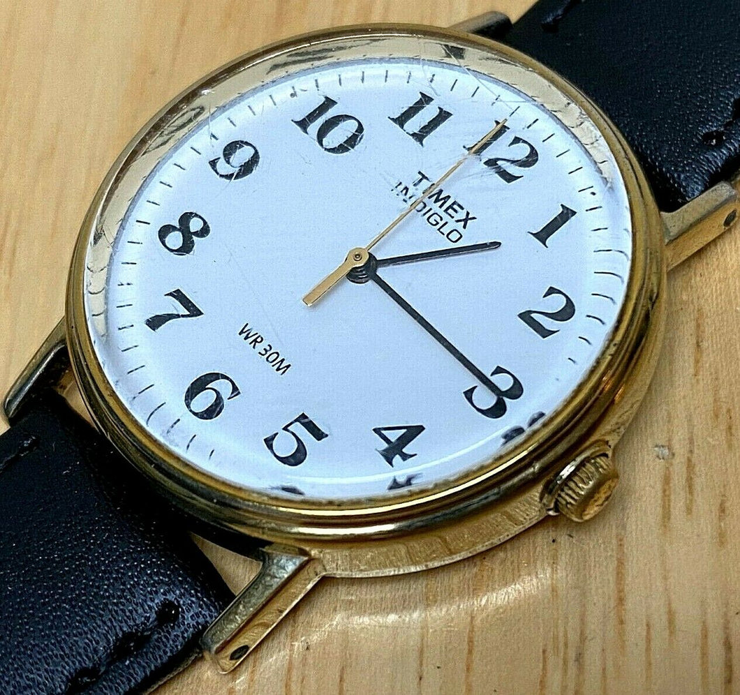 Vintage Timex Men Gold Tone White Dial Leather Analog Quartz Watch Hour~New Batt