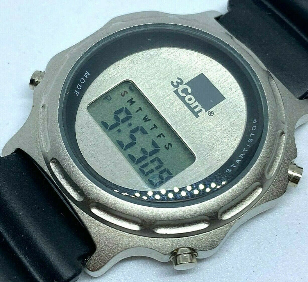 Vintage 3Com Mens Silver LCD Digital Quartz Alarm Chrono Watch Hours~New Battery