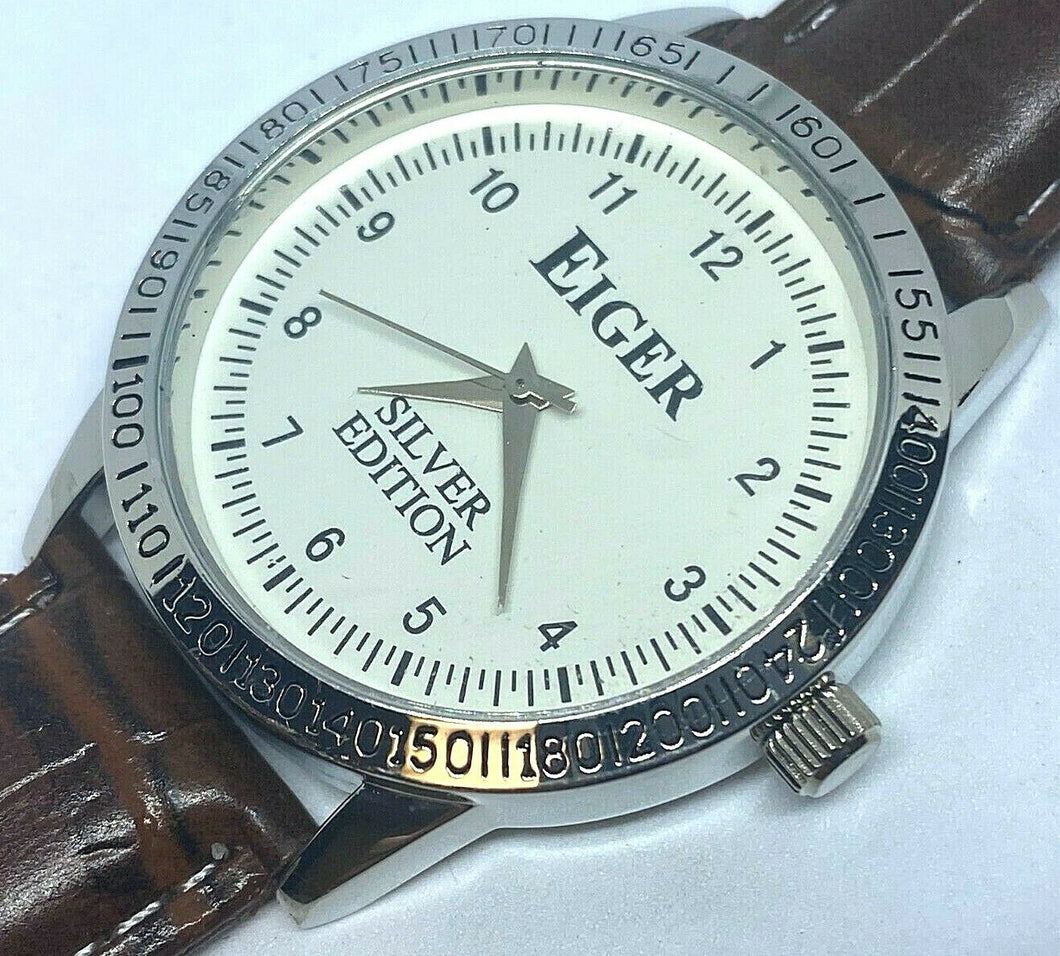 Unused EIGER Silver Edition Men Fancy Bezel Analog Quartz Watch Hour~New Battery