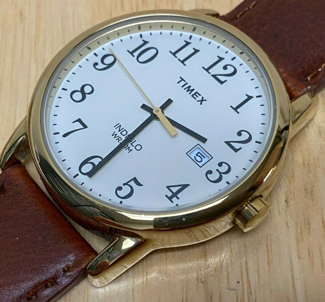 Timex Indiglo Men Gold Tone White Leather Analog Quartz Watch Hour~Date~New Batt