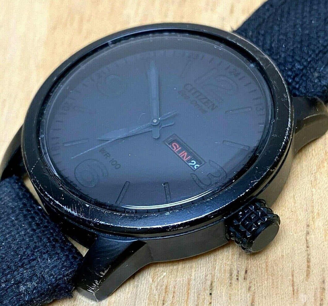 Citizen Eco-Drive E101 Mens 100m Black Fabric Analog Quartz Watch Hours~Day Date