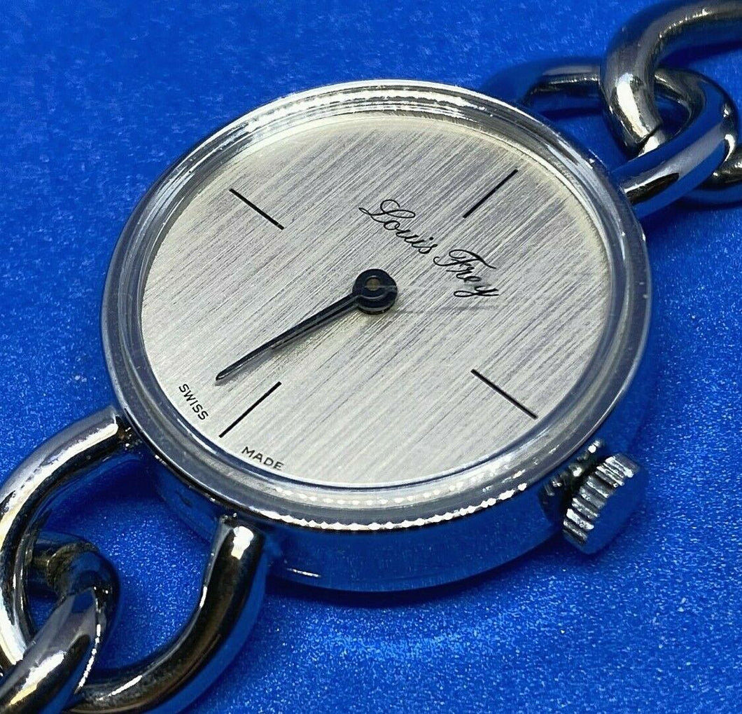 Vintage Louis Frey Lady Silver Thick Chain Swiss Hand-Wind Mechanical Watch Hour