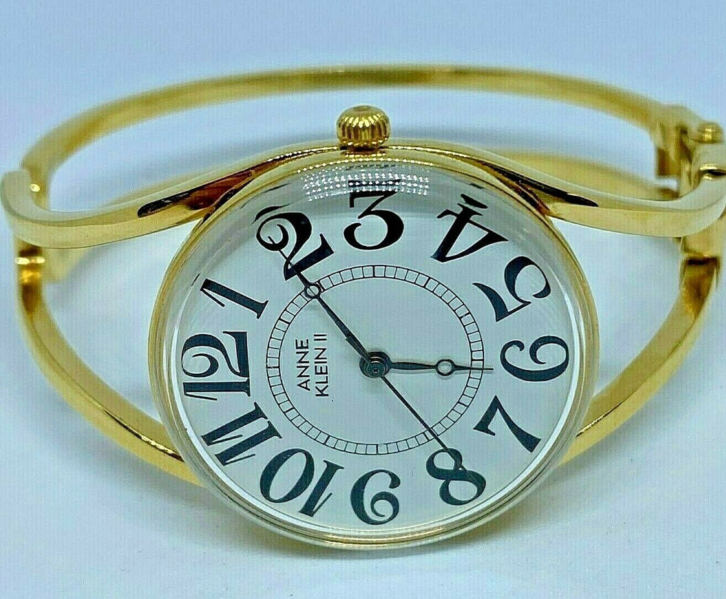 Anne Klein II Lady Gold Tone White Cuff Bangle Analog Quartz Watch Hour~New Batt