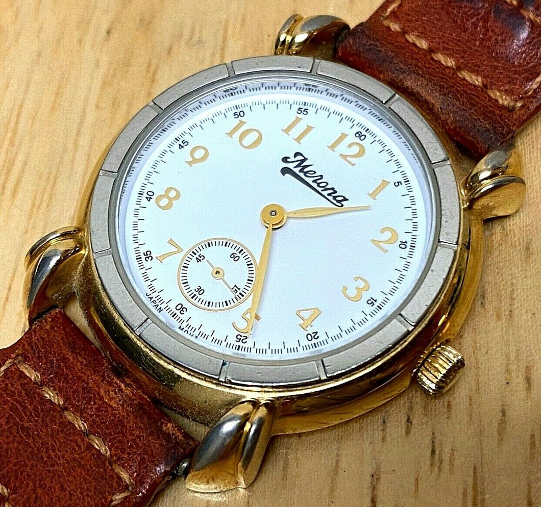 Vintage Merona Mens Gold Tone Small Second Analog Quartz Watch Hours~New Battery