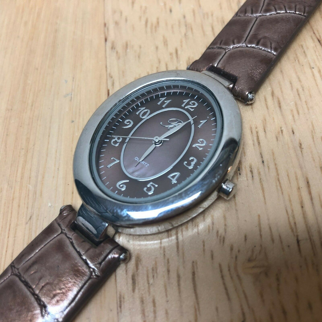 B Logo BTV065 Mens Lady Silver Brown Oval Analog Quartz Watch Hours~New Battery