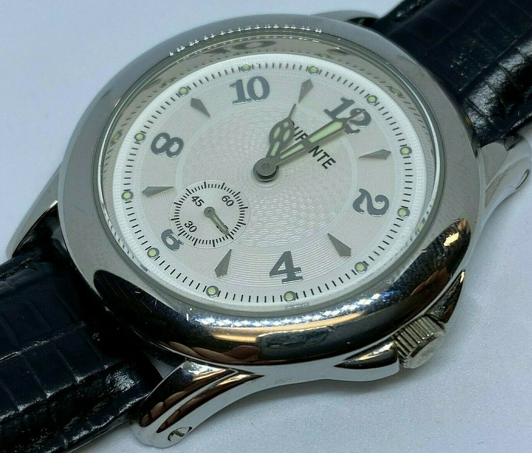 Dufonte Mens Small Seconds Leather Silver Analog Quartz Watch Hours~New Battery
