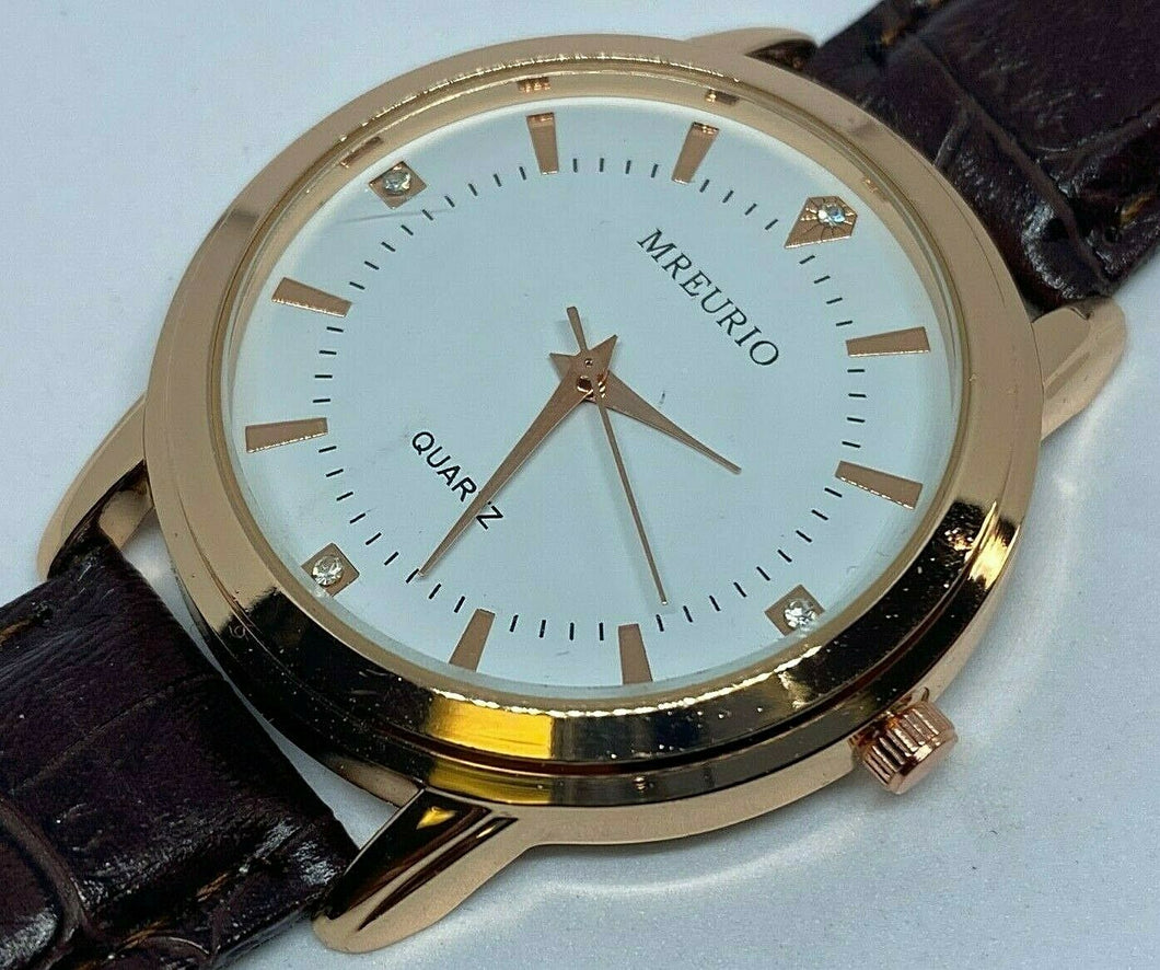 MREURIO Mens Rose Gold Tone Leather Band Analog Quartz Watch Hours~New Battery