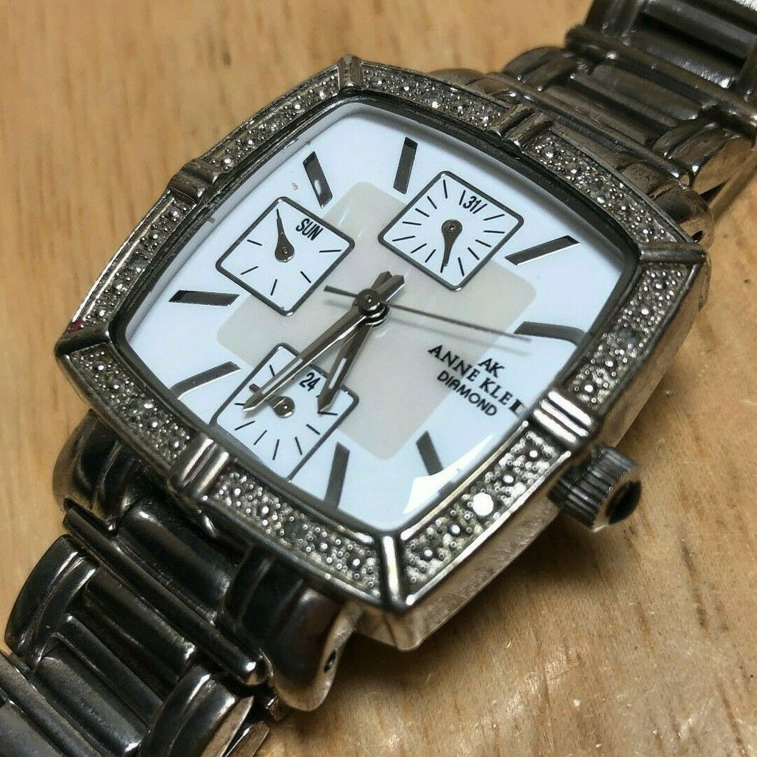 Anne Klein Lady 8 Real Diamonds Barrel Quartz Watch Hours~Day Date~New Battery