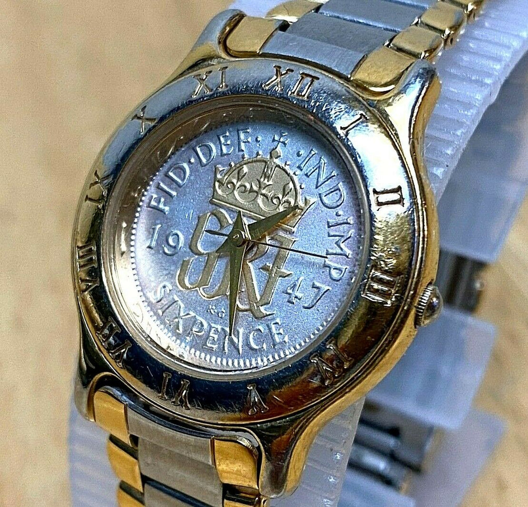 Vintage Coinwatch Lady Six Pence Coin Swiss Analog Quartz Watch Hour~New Battery