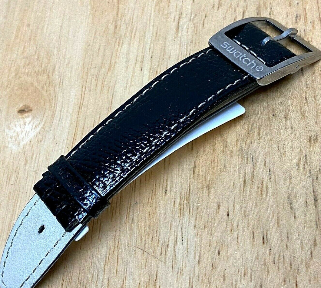 Original NEW Swatch Black Genuine Leather Silver Hook Watch Strap Band~20 mm MAX