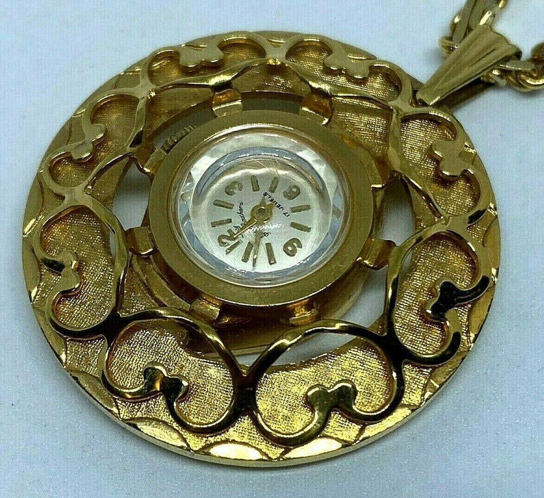 VTG Andre Bouchard Lady Gold Tone Hand-Wind Necklace Pendant Pocket Watch Hours