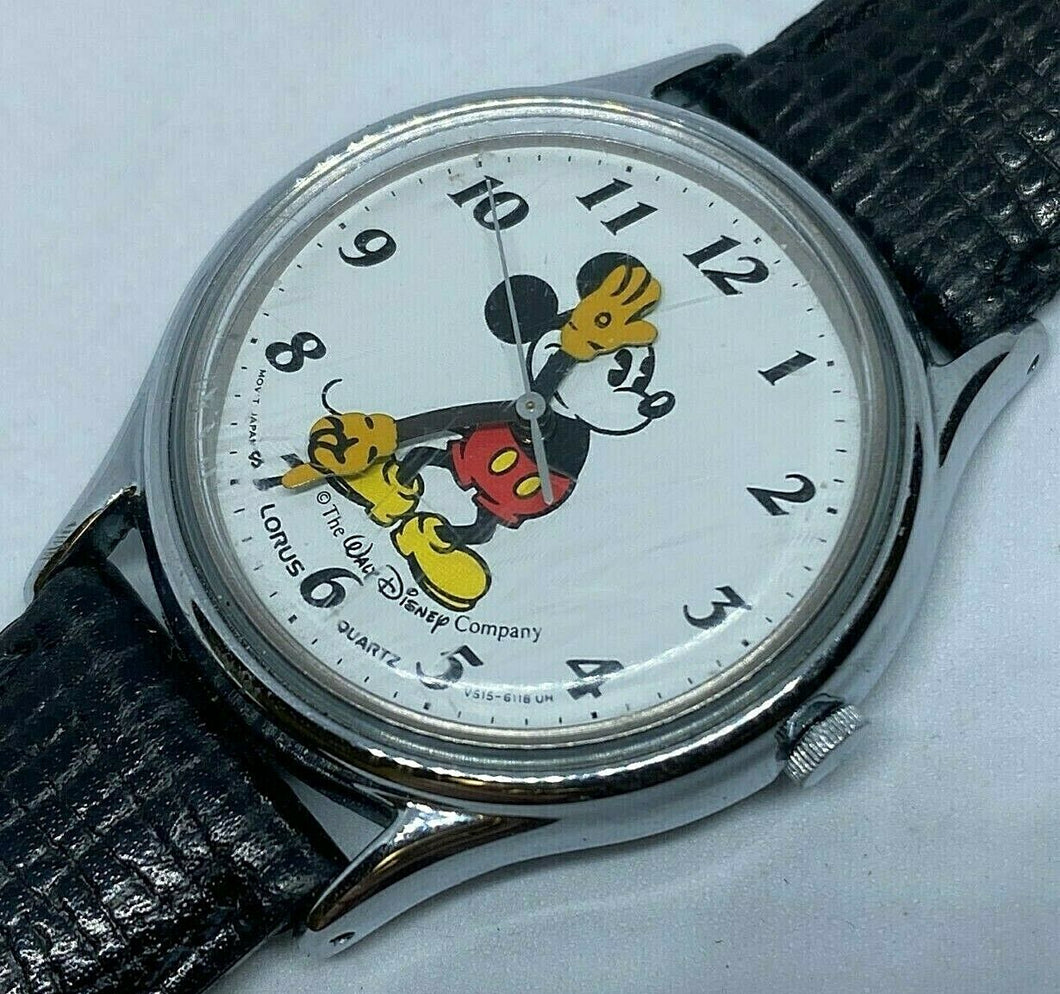 Vintage Lorus V515 Disney Mickey Leather Analog Quartz Watch Hours~New Battery