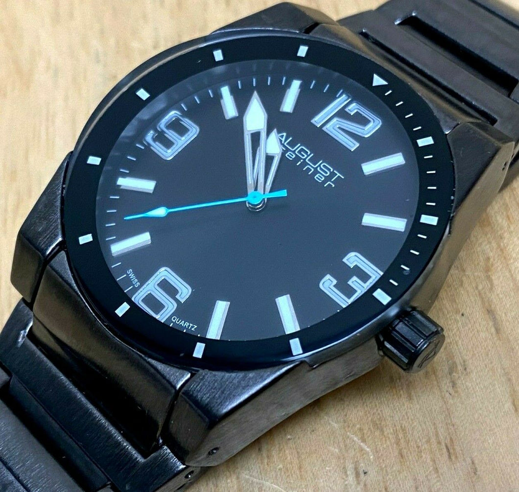 August Steiner Mens 10m All Black Swiss Analog Quartz Watch Hours~New Battery
