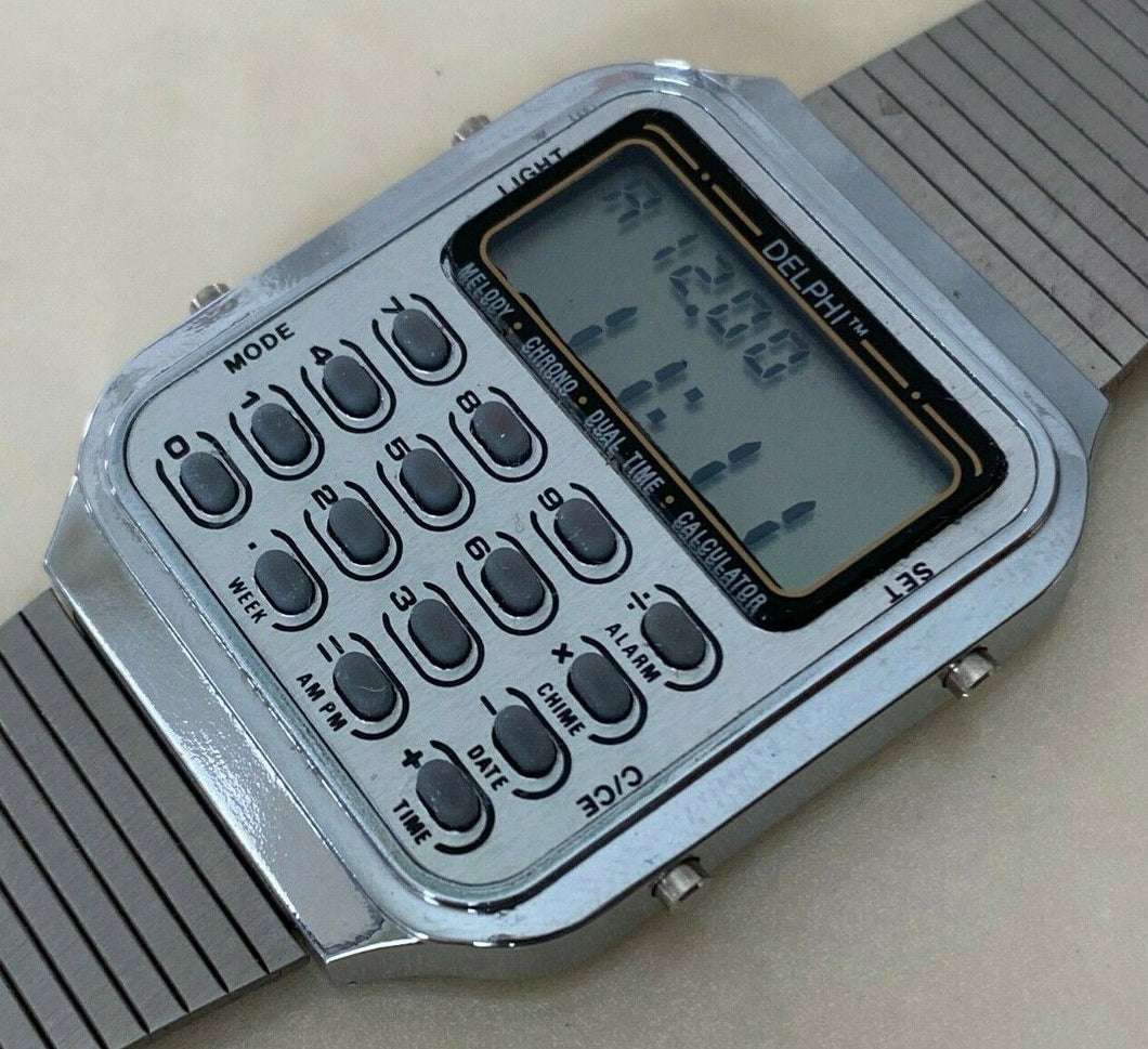 Unused Vintage Delphi Men Melody Calculator Digital Quartz Watch Hour~New Batter