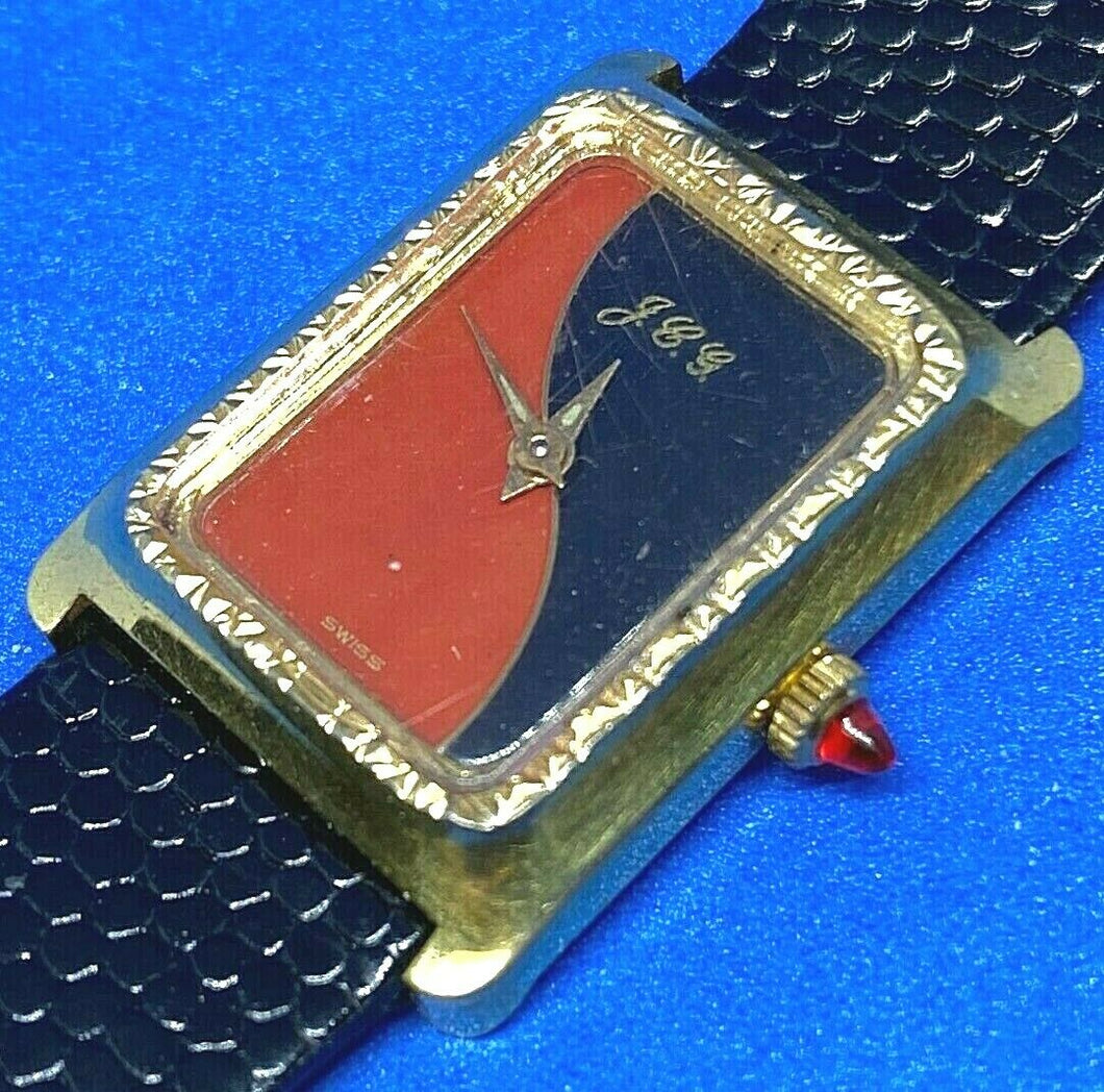 Vintage J&G Gold Tone Rectangle Leather Swiss Hand-Wind Mechanical Watch Hours