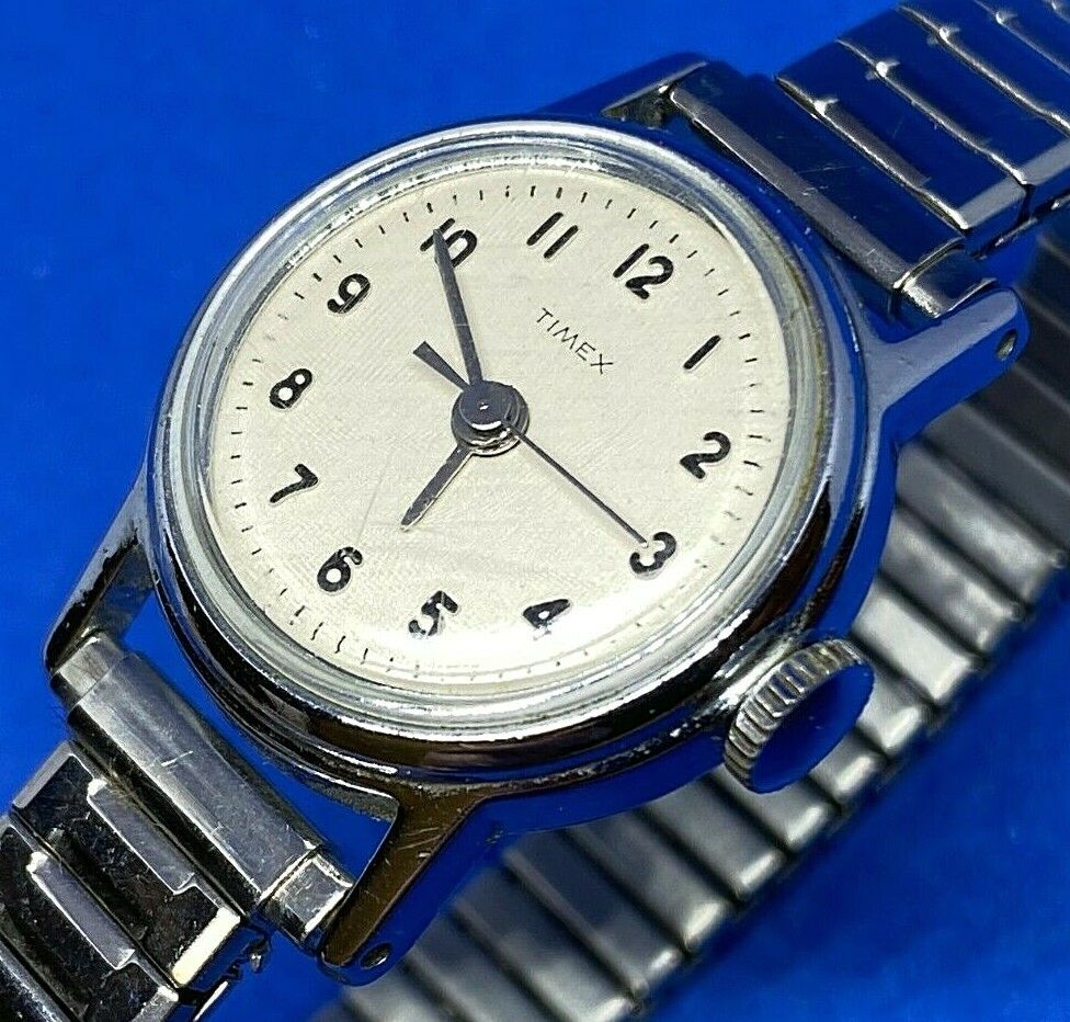 Vintage Timex Lady Classic Silver Stretch Band Hand-Wind Mechanical Watch Hours