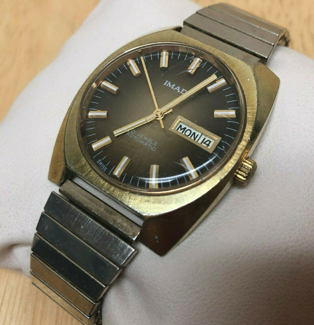 Vintage IMADO Mens 21 Jewel Gold Tone Self-Winding Automatic Watch Hour~Day Date