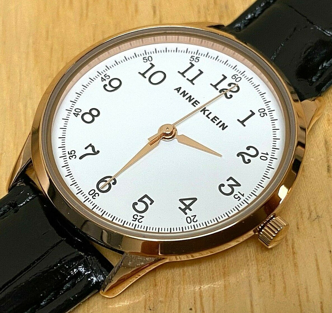 Anne Klein Men Leather Gold Tone White Thin Analog Quartz Watch Hour~New Battery