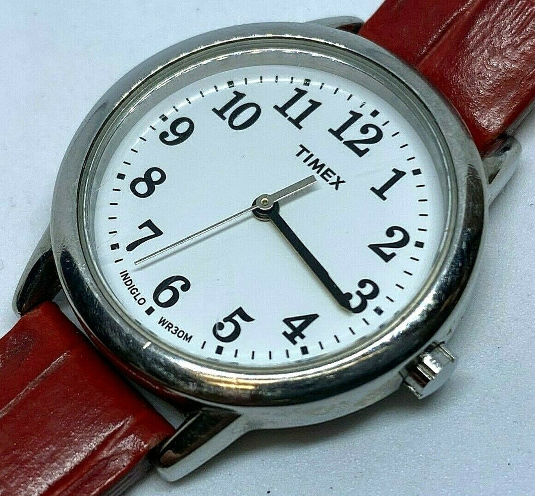 Timex Lady 30m Silver White Leather Band Analog Quartz Watch Hours~New Battery
