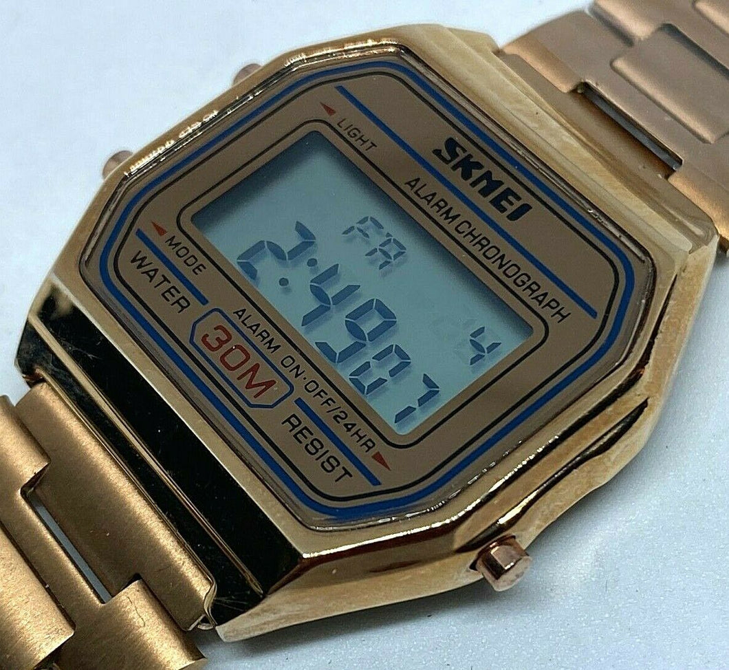 Unused Skmei Men 30m Rose Gold Tone Digital Alarm Chrono Watch Hours~New Battery