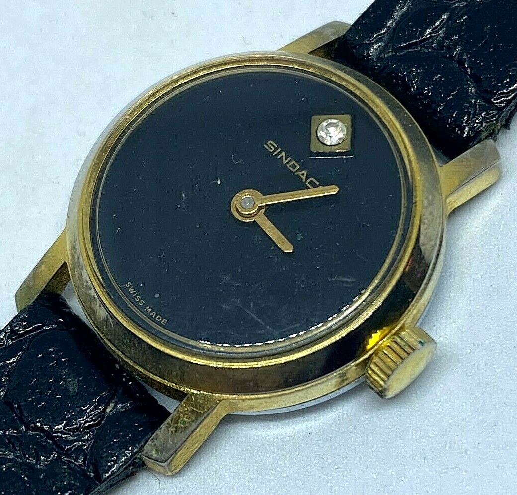 Vintage Sindaco Swiss Lady Gold Tone Leather Hand-Wind Mechanical Watch Hours