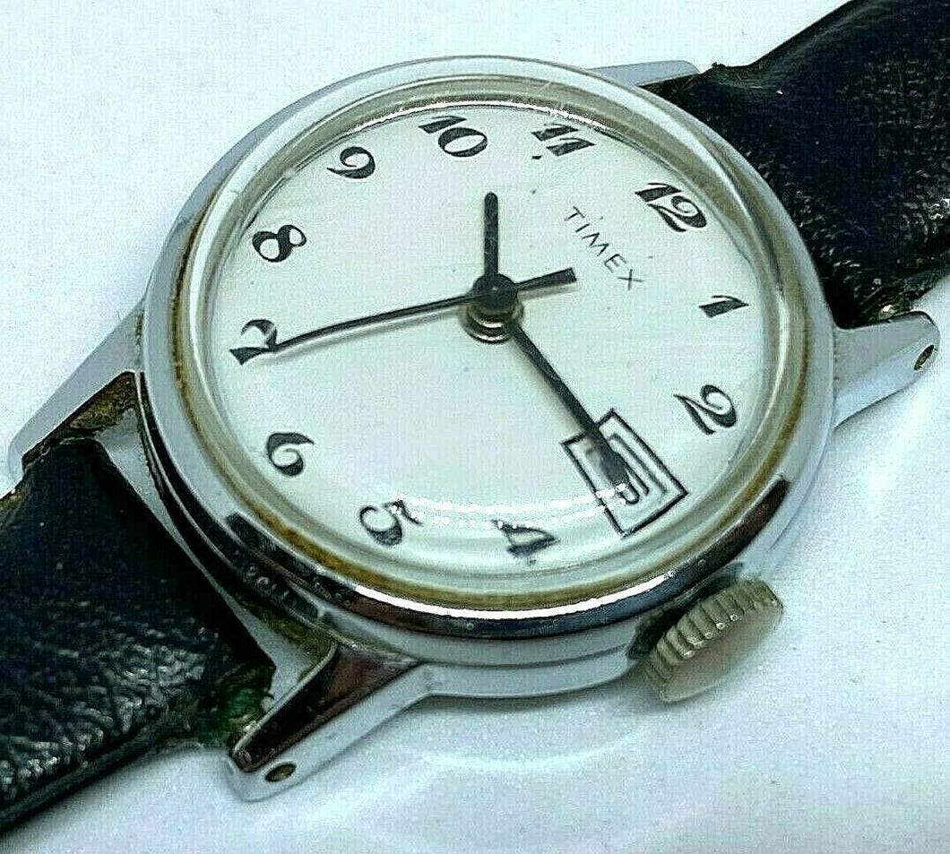 Vintage Timex Lady Classic Silver White Hand-Wind Mechanical Watch Hours~Date