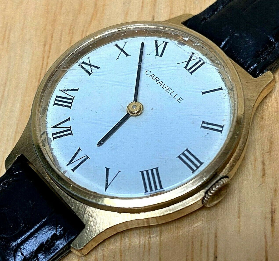 Vintage Caravelle By Bulova Mens Gold Tone Roman Hand-Wind Mechanical Watch Hour