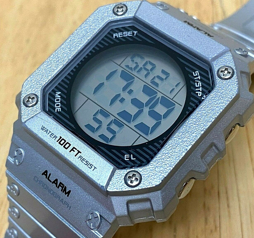 E. Gluck Mens 30m silver Square Digital Alarm Chrono Watch Hours~New Battery