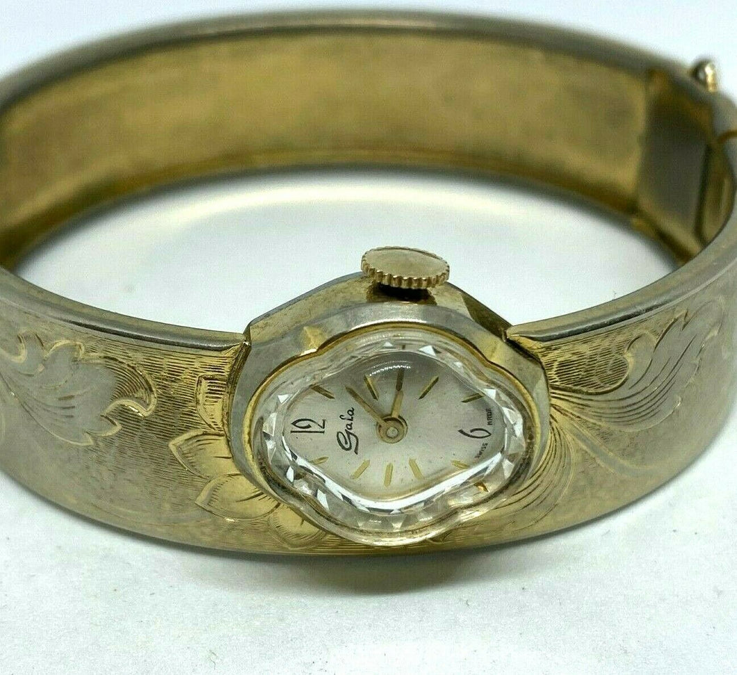 VTG GALA Lady Flower Engraved Cuff Bangle Swiss Hand-Wind Mechanical Watch Hours