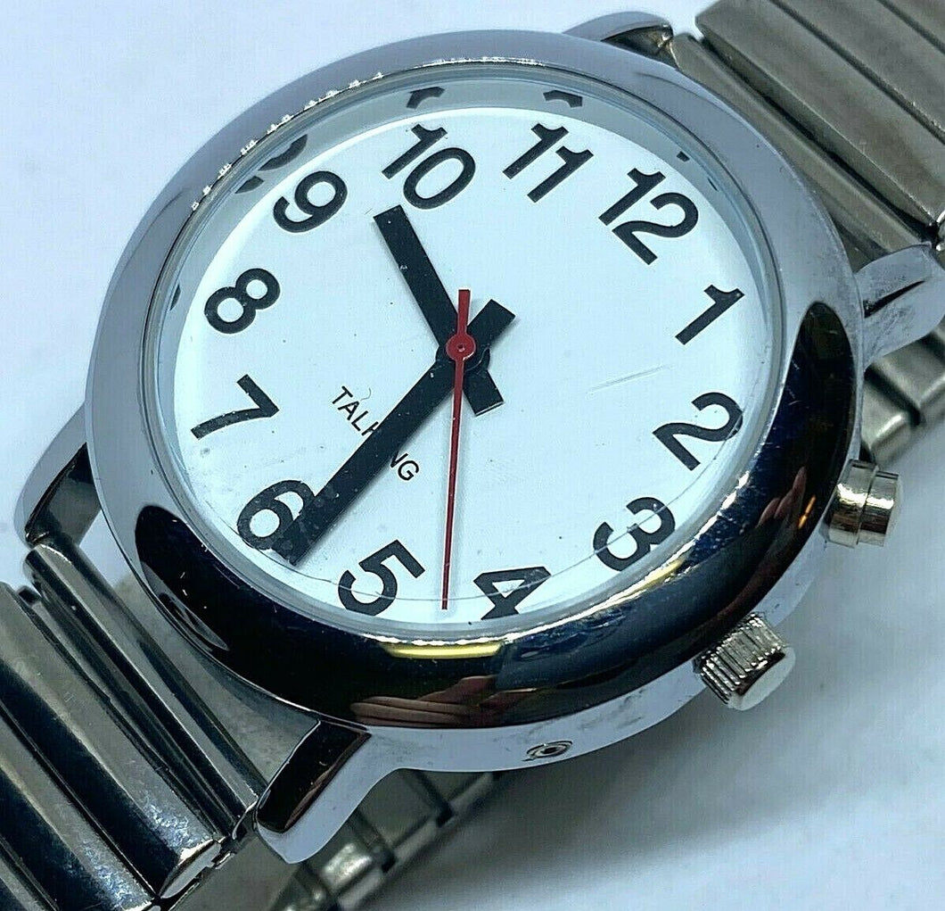 Unused Tim Chi Men Silver White Stretch Talking Analog Watch Hours~New Battery