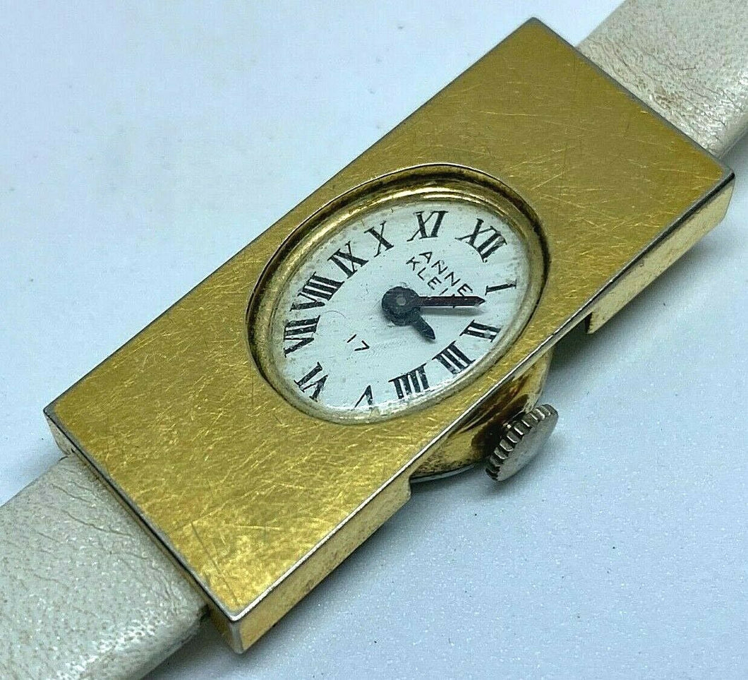 VTG Anne Klein Lady 17 Jewel Gold Tone Leather Hand Wind Mechanical Watch Hours