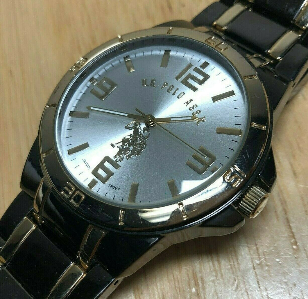 US Polo Assn Mens Gold-Black Japan Movt Analog Quartz Watch Hours~New Battery