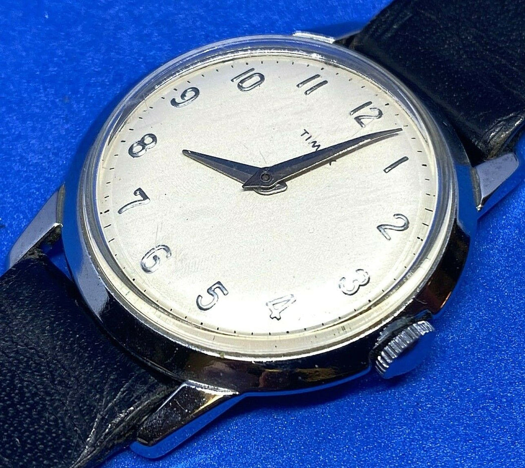 Nice Early Vintage Timex Mens Silver Leather Hand-Wind Mechanical Watch Hours