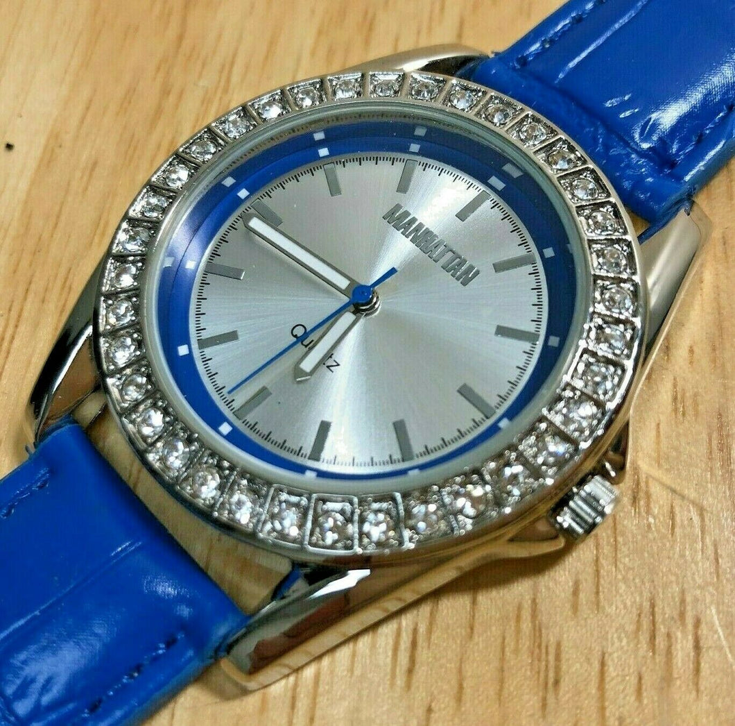 NEW Manhattan Croton Men Silver Blue Leather Analog Quartz Watch Hour~New Batter